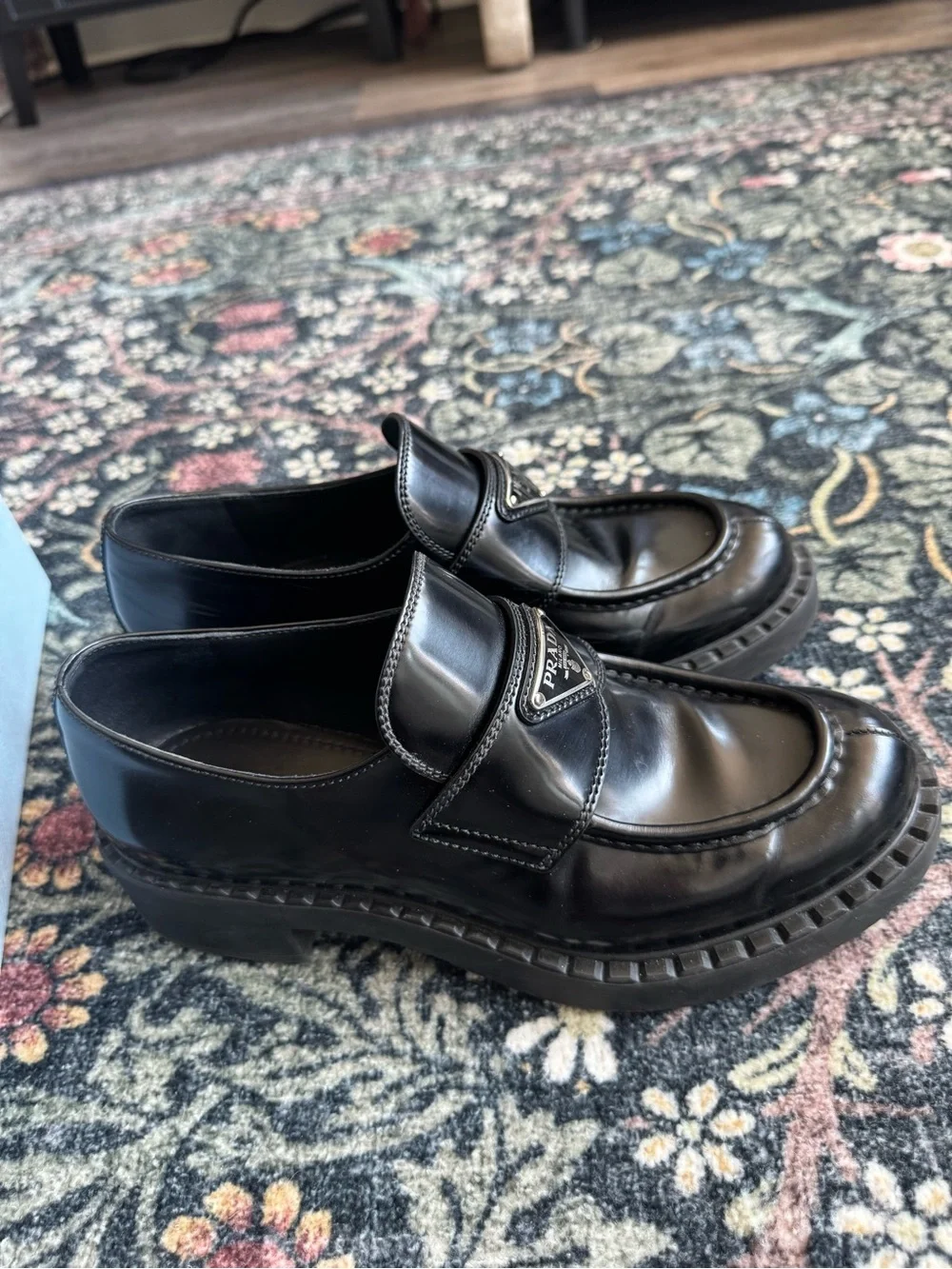 Prada Black Leather Penny Loafers with Triangular Logo
